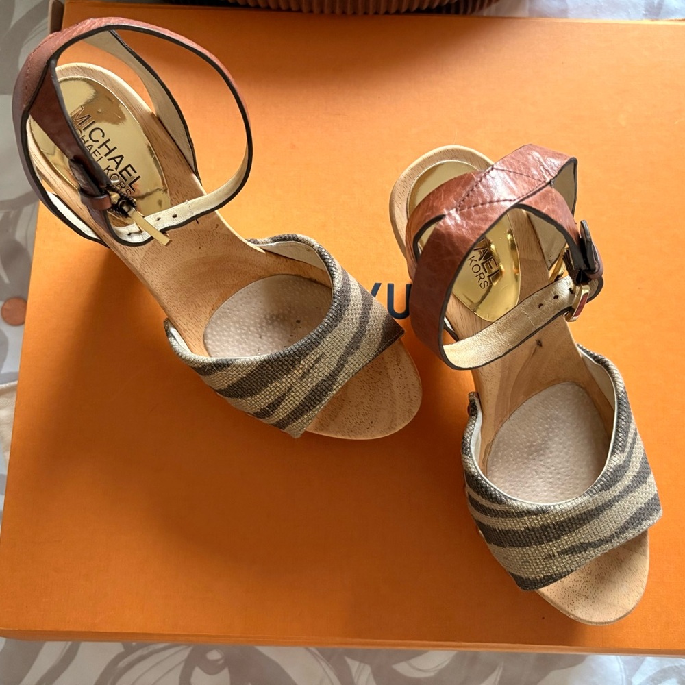 Michael Kors Zebra-Print Canvas and Brown Leather Wedge Sandals